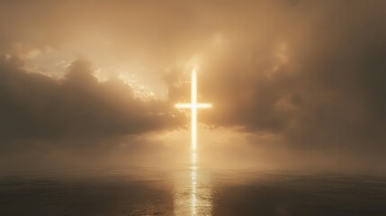 Naklejka premium Glowing Cross Over Water - Ash Wednesday Background 