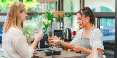 Payment Experience at Cafes, Woman Paying for Her Meal with Credit Card, Embracing Technology and Online Services for Convenient Transactions, Enhancing the Modern Business Lifestyle at Eatery