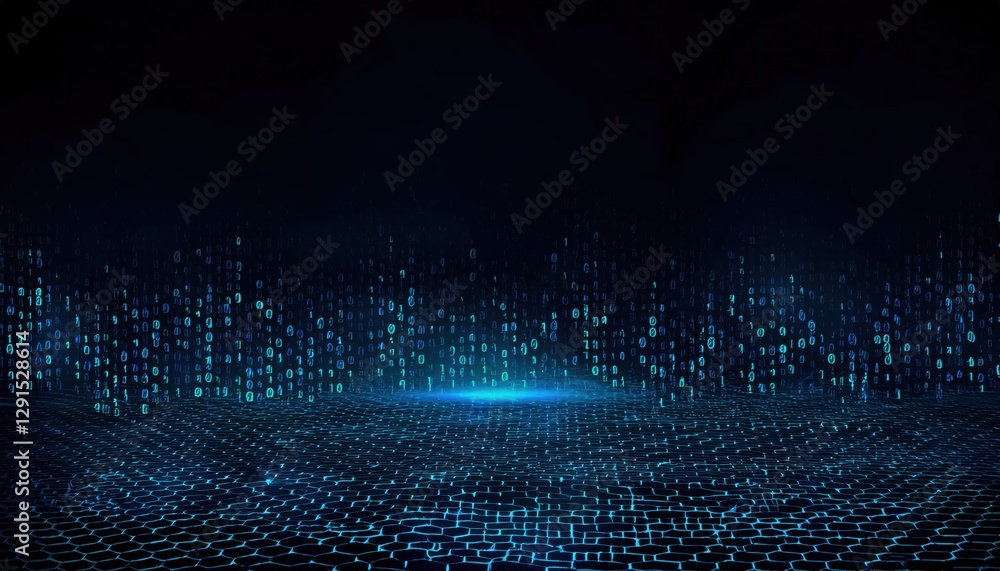 Leinwandbilder abstract digital futuristic landscape with glowing blue binary code on a hexagonal grid surface