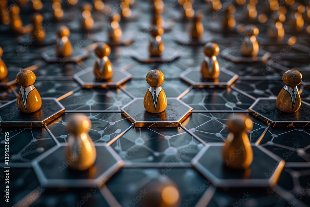 Poster conceptual network of teamwork blue hexagon with avatar linked to wooden figures on dark backdrop