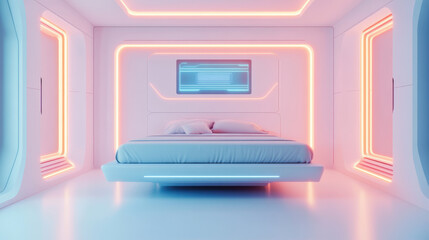 Futuristic smart bedroom with floating bed and neon lights creating modern atmosphere