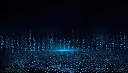 abstract digital futuristic landscape with glowing blue binary code on a hexagonal grid surface