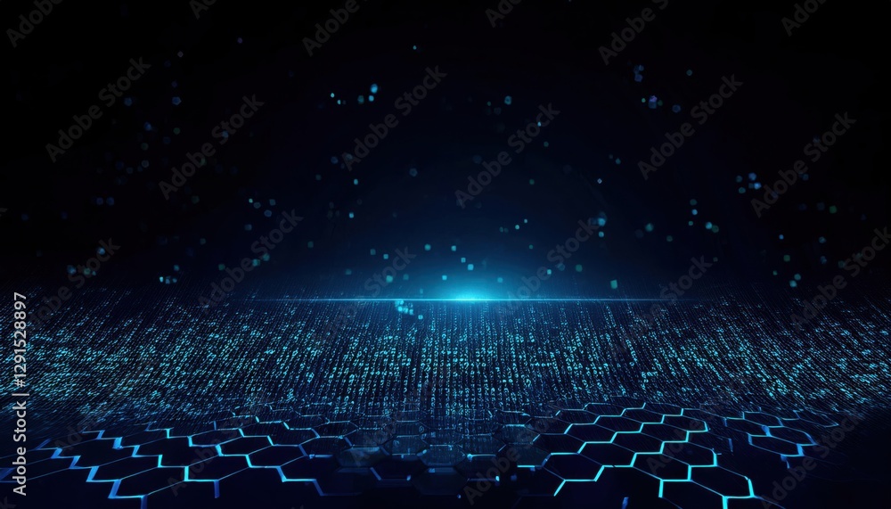 Leinwandbilder abstract digital futuristic landscape with glowing blue binary code on a hexagonal grid surface