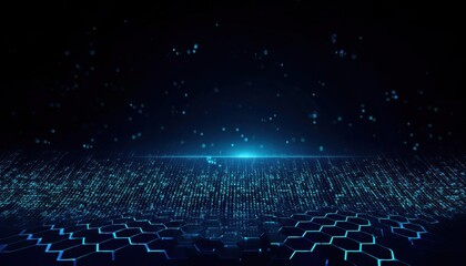 abstract digital futuristic landscape with glowing blue binary code on a hexagonal grid surface