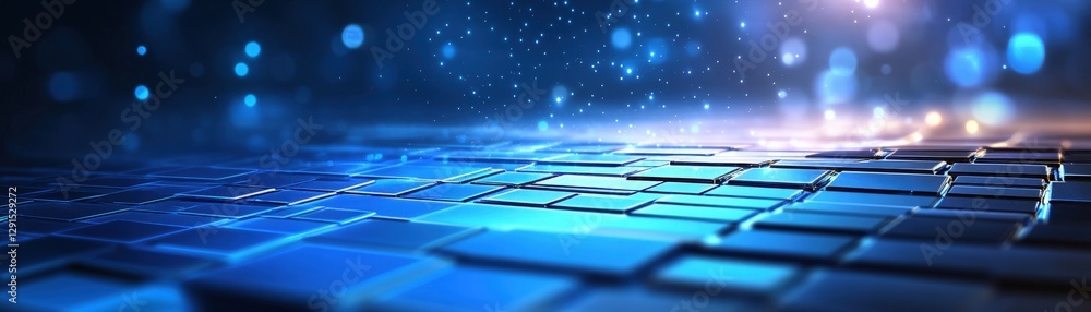 Poster abstract blue background with glowing squares and light patterns creating a digital art design