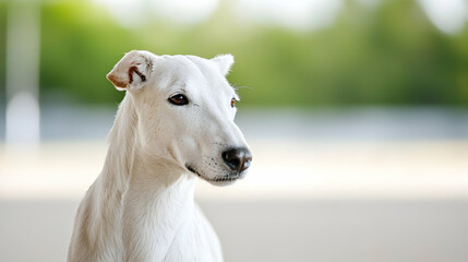 Fototapeta premium White dog portrait, outdoors, green background, pet