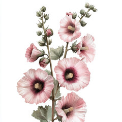 Vintage floral illustration of hollyhock flowers in soft pink tones, showcasing delicate petals and lush green leaves, perfect for nature lovers and art enthusiasts