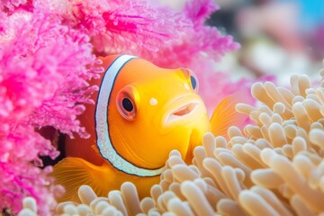 Colorful clown fish swimming among vibrant pink coral reef