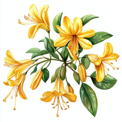 Bright yellow honeysuckle flowers with green leaves create vibrant floral arrangement, showcasing nature beauty and elegance. Perfect for botanical illustrations or floral designs