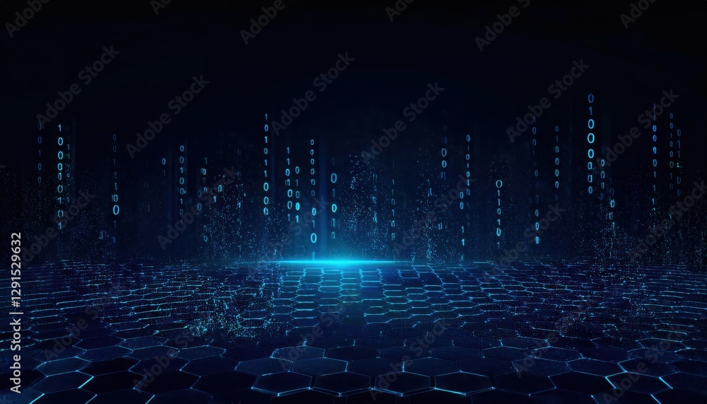 Poster abstract digital futuristic landscape with glowing blue binary code on a hexagonal grid surface