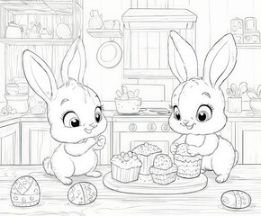A bunny family baking Easter treats in the kitchen, coloring page for kids, simple outline illustration. Coloring book.