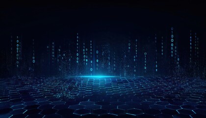abstract digital futuristic landscape with glowing blue binary code on a hexagonal grid surface
