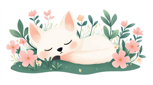Little Fox Sleeping in Flowers