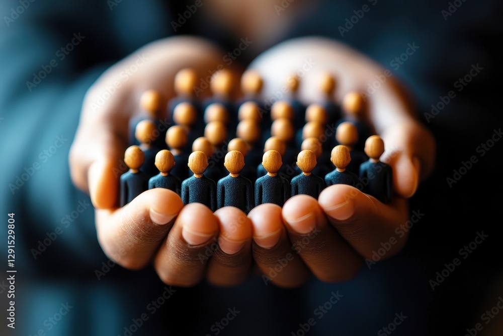 Poster hands holding multiple small figures representing teamwork, unity, community, and collaboration in a