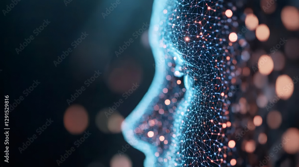 Aufkleber Artificial intelligence glowing face made of digital data network and nodes on a dark background with bokeh effect