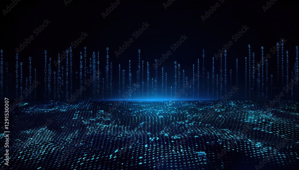 Aufkleber abstract digital futuristic landscape with glowing blue binary code on a hexagonal grid surface