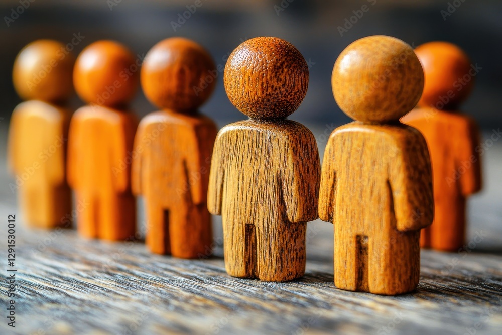 Poster wooden figurines standing in a row showcasing diversity with varied colors and textures representing