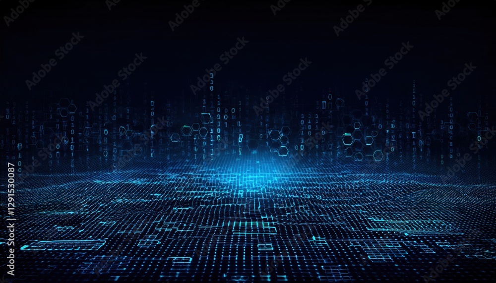 Aufkleber abstract digital futuristic landscape with glowing blue binary code on a hexagonal grid surface