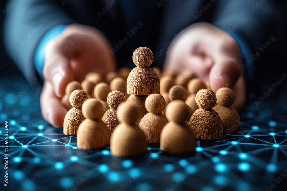 Poster hands offering support to wooden figures representing teamwork and unity in a digital environment wi