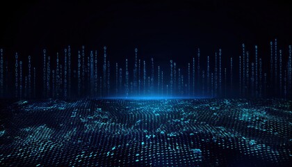 abstract digital futuristic landscape with glowing blue binary code on a hexagonal grid surface