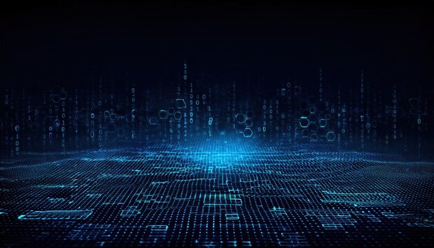 abstract digital futuristic landscape with glowing blue binary code on a hexagonal grid surface - Powered by Adobe