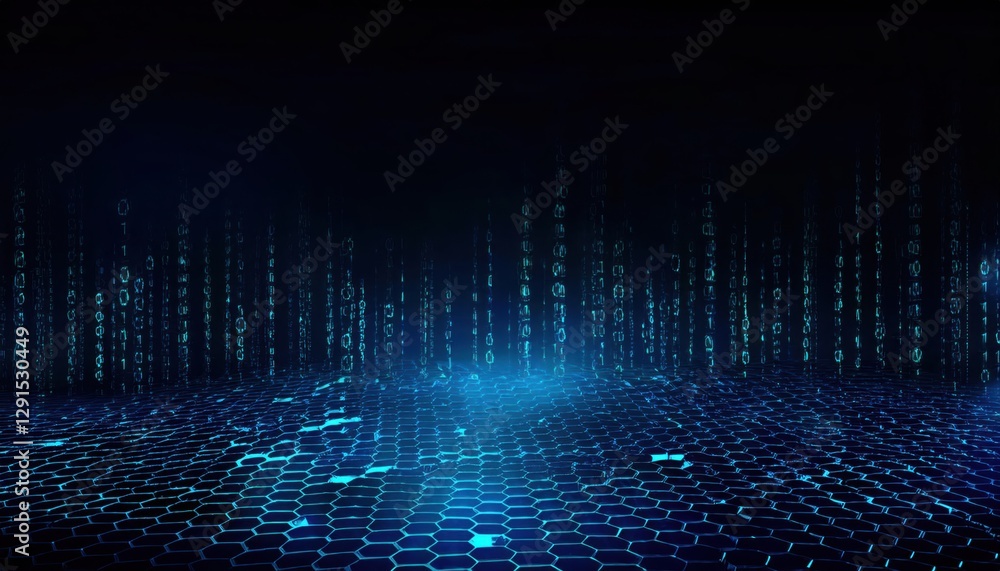 Aufkleber abstract digital futuristic landscape with glowing blue binary code on a hexagonal grid surface