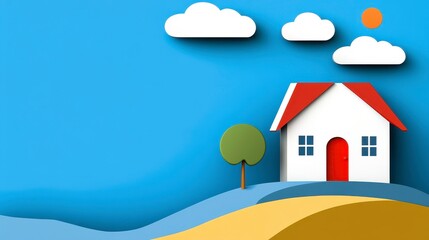 Colorful Paper Cutout Scene of House on Blue Sky Background