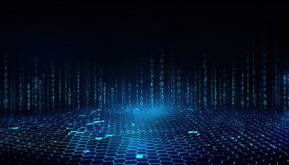 abstract digital futuristic landscape with glowing blue binary code on a hexagonal grid surface