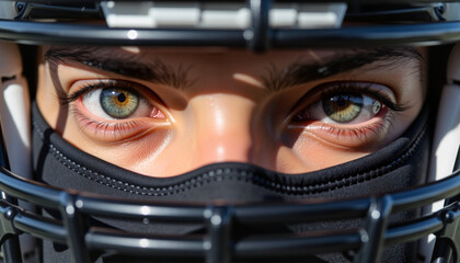 Focused football player displaying determination in a protective helmet for sports blogs, websites, athletic presentations, educational content, and promotional materials