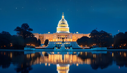Obraz premium Nighttime reflection of the u.S. Capitol washington d.C. Architectural photography urban landscape serene view government symbolism