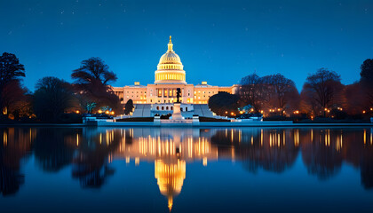 Obraz premium Majestic nighttime view of the u.S. Capitol washington d.C. Architectural photography tranquil waters scenic perspective