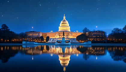 Obraz premium Majestic night view of the u.S. Capitol building washington d.C. Architectural photography calm waters panoramic perspective