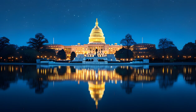 Nighttime reflections u.S. Capitol building washington d.C. Architectural photography urban landscape serene view government symbolism - Powered by Adobe