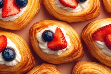 Delightful pastries topped with fresh strawberries and blueberri