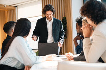 Successful Business Meeting, Professional Seminar with a Team of Businessmen and Businesswomen, Engaging in Productive Discussions, Presentations Strategic Planning to Enhance Corporate Communication