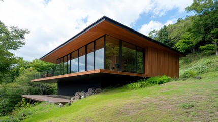 Modern House with Large Windows Surrounded by Lush Green Landscape