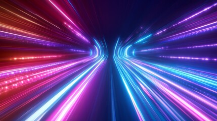 Speed motion on a neonlit road at night Perspective road acceleration with abstract streaks of colored light Space gates in motion illustration