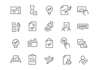 Editable vector icon set in linear style for approval and verification. Includes checkmarks, documents, certificates, cards, communication, and agreement buttons. Icons are versatile and ready for use