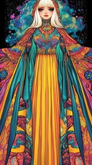 Celestial Goddess in Ornate Gown Vibrant Fantasy Art
