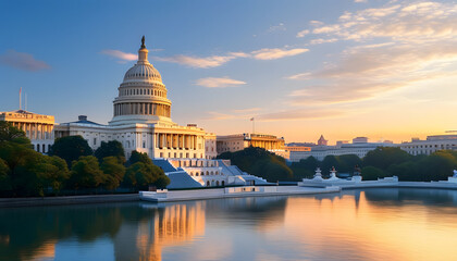 Obraz premium Sunrise illuminates u.S. Capitol building, washington d.C., scenic reflection, architectural marvel, historical significance