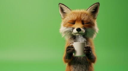 Obraz premium Fox enjoying warm beverage. Symbolizing comfort and relaxation. Perfect for depicting cozy mornings, self-care routines, and animal themed concepts.