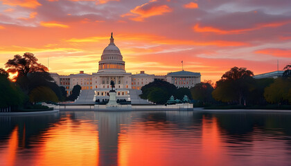 Sunset reflections over the u.S. Capitol washington d.C. Landscape photography evening serenity aesthetic view iconic landmark