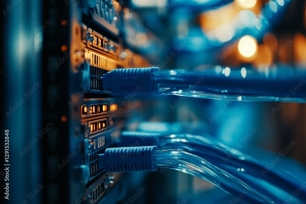 Aufkleber close up of blue network cables connected to a switch in a data center for high speed internet