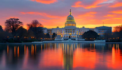 Fototapeta premium Sunset serenity at the u.S. Capitol building washington d.C. Landscape photography reflective waters scenic view tranquility