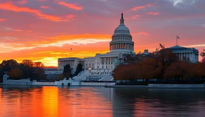 Fototapeta premium Sunset over capitol hill washington d.C. Landscape photography serene atmosphere wide angle government reflection