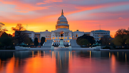 Fototapeta premium Sunset over the u.S. Capitol washington d.C. Landscape photography scenic view tranquil atmosphere