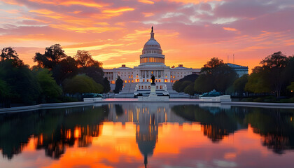 Obraz premium Sunset reflection of the u.S. Capitol building washington d.C. Landscape photography tranquil water scenic view historical architecture