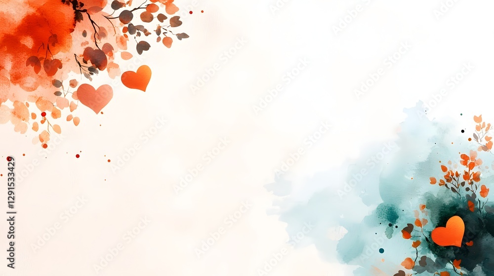 Poster elegant watercolor hearts arranged in a symmetrical neutral toned composition with an empty tranquil