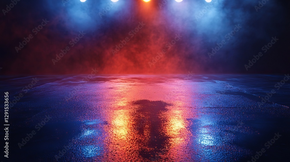 Poster wet asphalt reflecting neon lights on a concrete floor night view of an empty stage or studio dark a