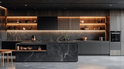 A kitchen with a marble countertop and a black oven. The countertop is made of marble and has a black oven on the right side. There are several bowls and a vase on the countertop